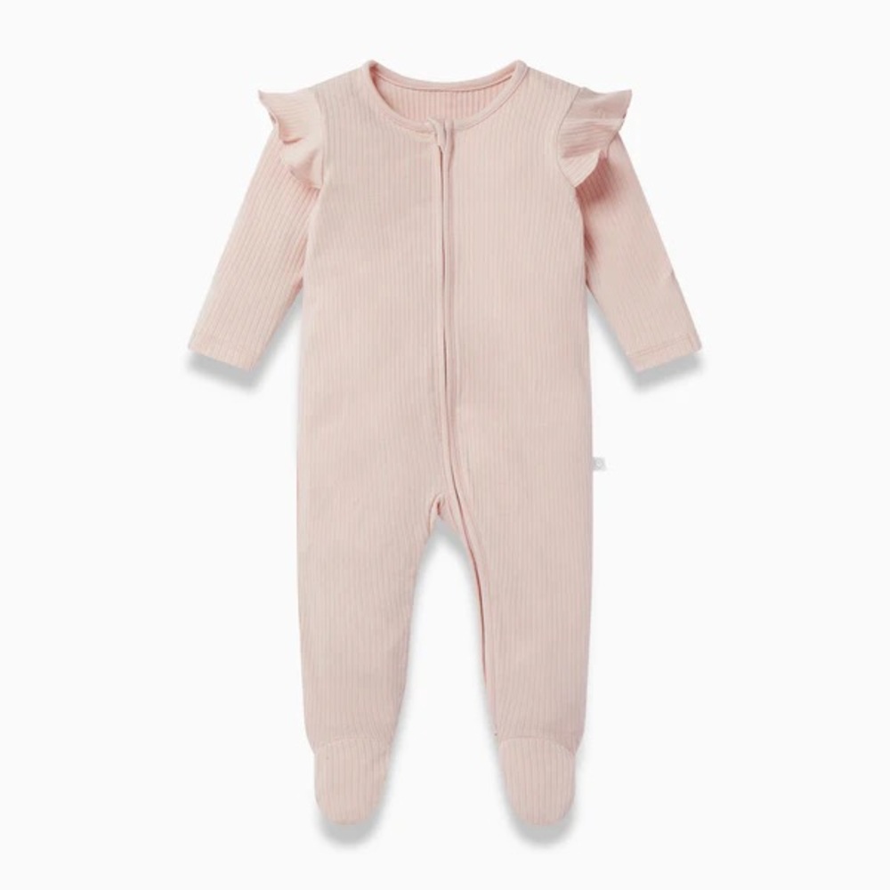 Mori ribbed blush pink sleep onesie with ruffle shoulders